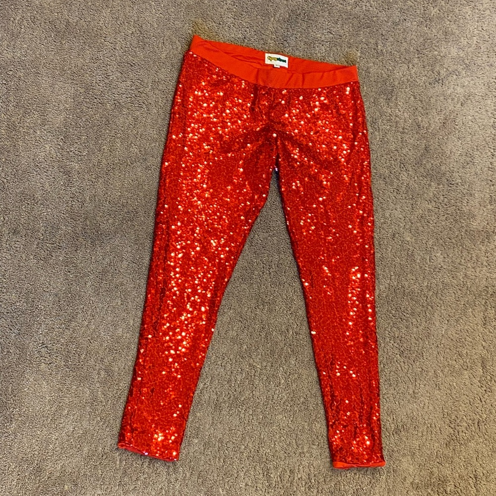 EUC Tipsy Elves Red Sequin Holiday Leggings Women’s Size XL